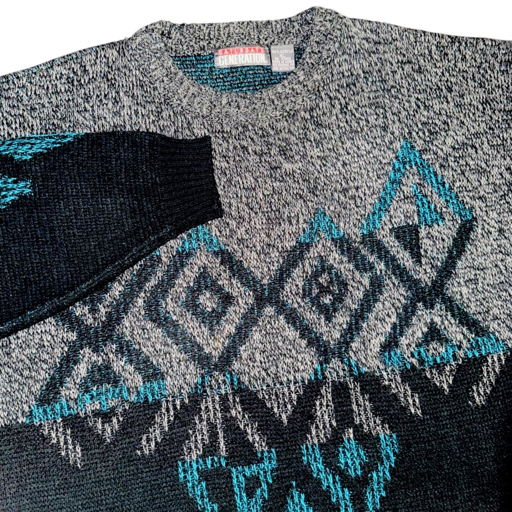 Saturdays Generation Sweater Mens XL Grey Black Teal Retro 90s Geometric Diamond